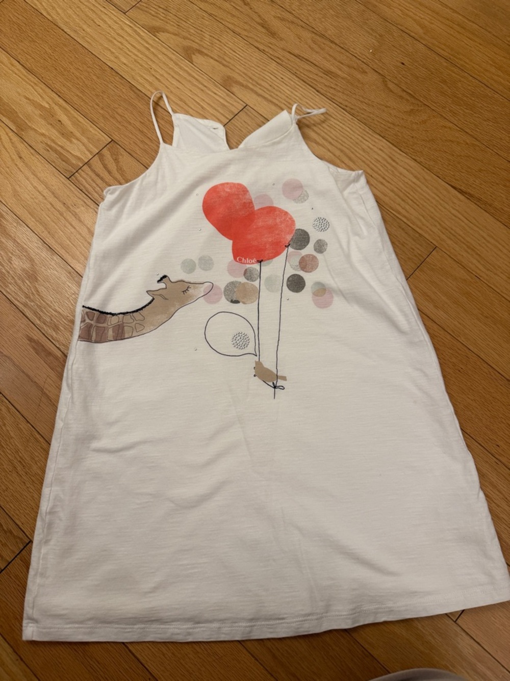 Chloe White Tank Dress with Red Heart Balloon and Brown Giraffe